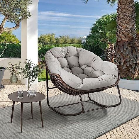 A MUST FOR SUMMER BBQ AND POOL PARTIES! Chair For Balcony, Rocking Chair Patio, Rocking Chair Pads, Front Porch Garden, Outdoor Rocking Chair, Summer Patio, Patio Rocking Chairs, Rocker Chairs, Porch Garden