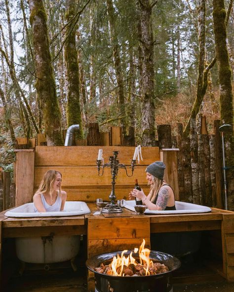 Oregon Treehouse Airbnb | Off-Grid Luxury with Tubs & Sauna » Miss Rover Oregon Treehouse, Outdoor Tubs, Land Acknowledgement, Treehouse Airbnb, Outdoor Bathtub, Rustic Luxury, Outdoor Bathroom Design, Outdoor Tub, Outdoor Sinks