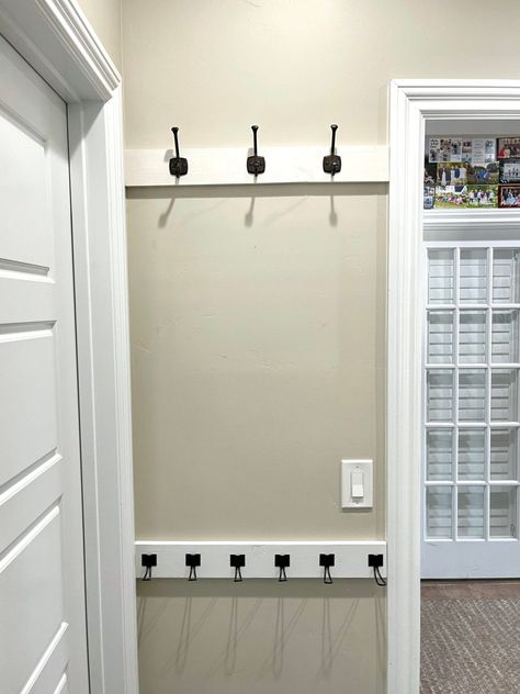 Entryway Coat Rack Ideas Small Spaces, Coat Rack In Laundry Room, Behind Door Coat Rack, Simple Coat Rack Wall, Narrow Coat Rack Entryway, Mudroom Coat Rack, Bedroom Coat Rack Ideas, Coat Rack Wall Ideas, No Coat Closet Solutions Entryway