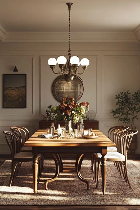 Exploring delightful vintage dining room ideas. This pin showcases stylish arrangements and decor that combine elegance and charm using vintage elements. Ralph Lauren Dining Room Decor, Dining Room With Antique Table, Tudor Style Dining Room, Light Moody Dining Room, Vintage Dining Room Aesthetic, 70s Inspired Dining Room, Dark Vintage Dining Room, Cozy Traditional Dining Room, Parisian Apartment Dining Room