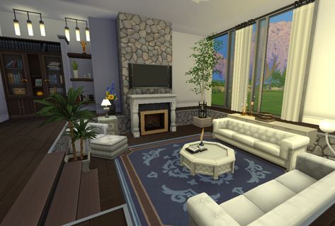 Sims 4 Sunken Living Room, Sims 4 Large Living Room Ideas, Sims 4 Basegame Living Room, Sunken In Living Room, Sims Living Room Ideas, Sims 4 Base Game Room Ideas, Sims 4 Seasons, Living Room Sims 4, House Bedroom Ideas