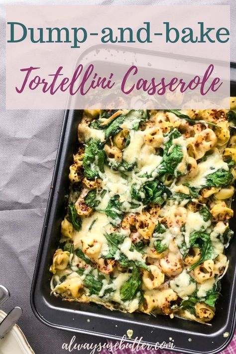 This Baked Tortellini Casserole is easy & quick to make with just 5 ingredients, and cooks itself with almost no prep. A great weeknight dinner & easy to make vegetarian! #alwaysusebutter #spinach #pastacasserole #recipe #tortellini #easy #quick via @alwaysusebutter Tortellini Spinach Bake, Tortellini Vegetarian Recipes, Dinner Ideas Easy Quick 5 Ingredients, Meat Tortellini Recipes Easy Dinners, Cassarole Meals Vegetarian, Tortellini Bake Vegetarian, Vegetarian Recipes Dinner Easy Quick, Dump And Bake Recipes Vegetarian, Best Vegetarian Casseroles