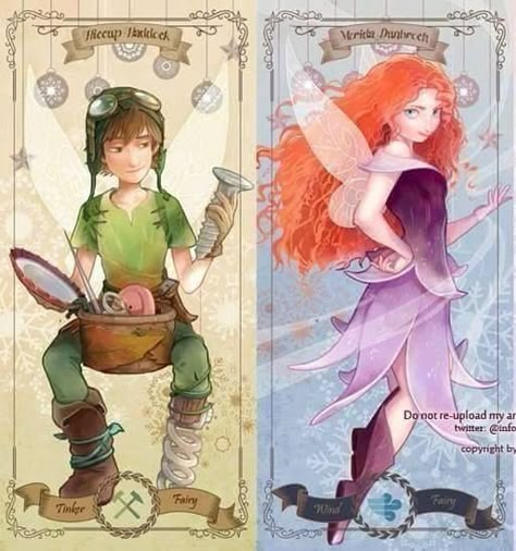 Hiccup and Merida as fairies Merida And Hiccup, Humor Disney, Big Four, Disney Crossover, Disney Crossovers, Anime Version, Disney Fairies, Hiccup, The Big Four