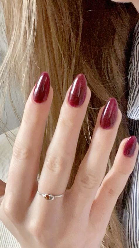 Dark Red Nails Jelly, Jelly Burgundy Nails, Red Nails For Winter, Burgundy Jelly Nails, Transparent Red Nails, Deep Winter Nails, Dark Red Jelly Nails, Dark Red Gel Nails, Simple Gel Nail Ideas