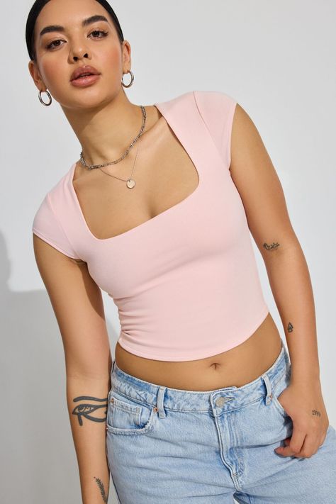 Portia Square Neckline Tee Pink Cute Short Sleeve Outfits, Concert Tops For Women, Garage Square Neck Top, Square Neckline Outfit, Pink Party Top, Garage Tops Clothing, Light Pink Top Outfit, Asthetic Cloths Idea, Fitted Shirts For Women