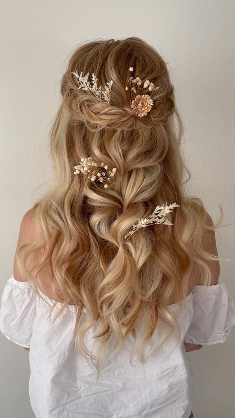 Whimsical Wedding Hair, Up Wedding Hair, Down Hairstyles For Prom, Whimsical Hair, Half Up Hairstyle, Bridal Hair Half Up, Half Up Wedding, Wedding Hairstyles And Makeup, Half Up Wedding Hair