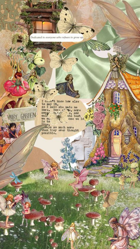 #fairycore #fairies #mushrooms #cottagecore #tinkerbell #moodboard Tinkerbell Mushroom, Tinkerbell Moodboard, Fairy Collage Aesthetic, Fairy Collage Wallpaper, Fairycore Collage Wallpaper, Wicked Game, Fairy Core, Fairy Garden, Mood Board