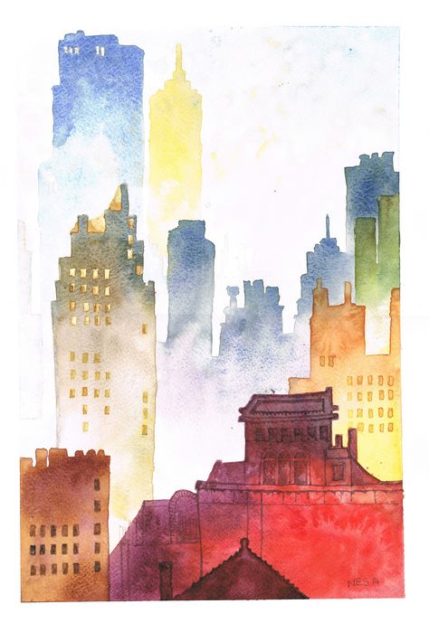 Watercolor City Easy, Abstract Architecture Painting, Watercolour Cityscape, Watercolor Art City, City Watercolor Painting, Watercolor Cities, Watercolor Building, City Watercolor, Watercolor Cityscape