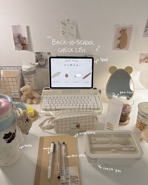 Back-to-school supplies 🧸 #backtoschool #study #muji #stationery #desk #deskessentials Beige Desk Aesthetic, Aesthetic Study Desks, Study Aesthetic Beige, Desk Aesthetic Minimal, White Desk Setup, Muji Stationery, Beige Desks, Cubicle Makeover, Stationery Desk