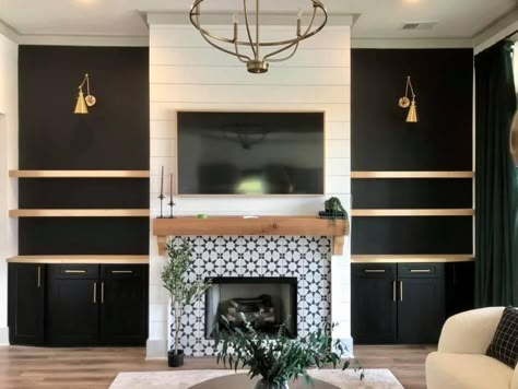 Cabinets And Fireplace, Black Fireplace With Cabinets, Shelving Fireplace Wall, Floating Shelves With Cabinets Living Room, Black Fireplace Cabinets, Built In Fireplace And Tv Wall, Fireplace And Shelves Ideas, Shiplap Wall Around Fireplace, Tv Wall With Built In Shelves