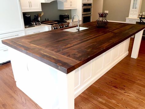 Wooden Island Kitchen, Wood Top Island Kitchen, Wood Countertops Kitchen Island, Wood Island Countertop, Kitchen Island Top, Kitchen With Big Island, Reclaimed Wood Kitchen Island, Wood Countertops Kitchen, Kitchen Island Tops