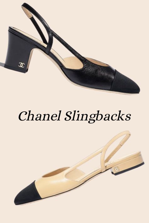 Luxury Feminine Slingback Heels, Chanel Pumps Outfits, Chanel Shoes Slingback, Chanel Shoes Outfit, Chanel Black Slingbacks, Chanel Slingback Outfit, Chanel Slingback Shoes, Chanel Classic Heels, Chanel Shoes Black