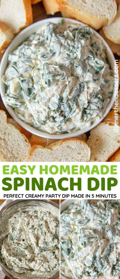 Easy Spinach Dip is the ultimate party dip! Creamy dip in 5 minutes with spinach, water chestnuts, sour cream, cream cheese, and Knorr mix. Perfect vegetarian appetizer for Super Bowl or any holiday. Spinach Dip Recipe Easy, Fresh Spinach Dip, Spinach Dip Cold, Homemade Spinach Dip, Easy Spinach Dip, Breakfast Spinach, Knorr Spinach Dip, Dip Appetizers, Spinach Dip Easy