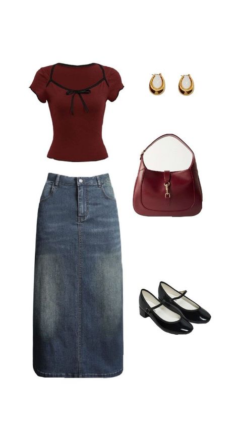 #outfits#bags#denimskirt#earrings#ballerinasshoes 2024 Trends Fashion, Fashion Outfits Y2k, Black Women Outfit Ideas, Outfit Ideas Layout, Outfit Ideas Black Women, Outfits Latina, Fashion Outfits Modest, Modest Girly Outfits, Fashion Outfits Korean