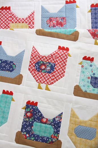 Chicken Block Pattern, Farm Animal Quilt Blocks Free Pattern, Rooster Quilt Pattern, Chicken Quilts Free Pattern Hens, Chicken Quilt Patterns Free, Free Chicken Pattern, Chicken Sewing Pattern Free, Easter Quilting Projects, Farm Animal Quilt Patterns Free