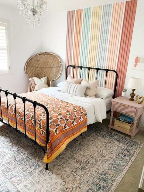 Boho Rainbow Room - One Room Challenge Spring 2021 Reveal - Colorful Shiplap Wall, Boho Rainbow Bedroom Ideas Kids, Boho Rainbow Girls Bedroom, Rainbow Boho Room, Boho Rainbow Girls Room, Toddler Rainbow Room, Shared Boy And Girl Room, Rainbow Room Kids Girl Bedrooms, Boho Rainbow Bedroom