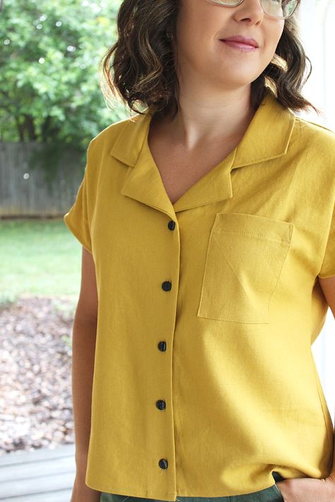 Mustard Yellow Camp Shirt // Willamette Wednesday // Sewing For Women // Hey June Willamette Shirt Camp Shirts Women, Shirt Collar Pattern For Women, Womens Button Up Shirt Pattern, Sewing Blouses For Women, Summer Yellow Cotton Camp Shirt, Camp Shirt Pattern, Sewing Shirts For Women, Women Shirt Pattern, Casual Yellow Collared Camp Shirt