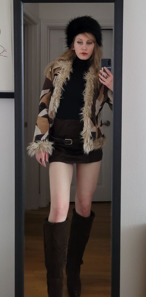 the__orphan fur hat, mini skirt outfit, suede jacket, afghan coat, penny lane coat, fur boots, brown outfits Brown Fur Jacket Outfit, Fur Jacket Outfits, Afghan Jacket, Fur Jacket Outfit, Brown Fur Coat, Brown Outfits, Mini Skirt Outfit, Afghan Coat, Penny Lane Coat