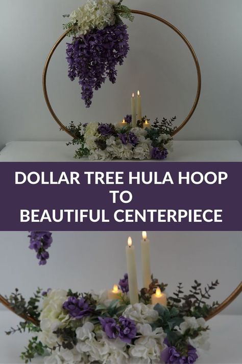 Floral Hoops Centerpiece, Hoop Stand Centerpiece, Grad Diy Decorations, Hula Hoop Table Centerpiece, Hulu Hoop Centerpieces Diy, Gold Ring Centerpiece Diy, Diy Floral Hoop Centerpiece, Hola Hoop Centerpieces Diy, Dollar Tree Floral Centerpiece