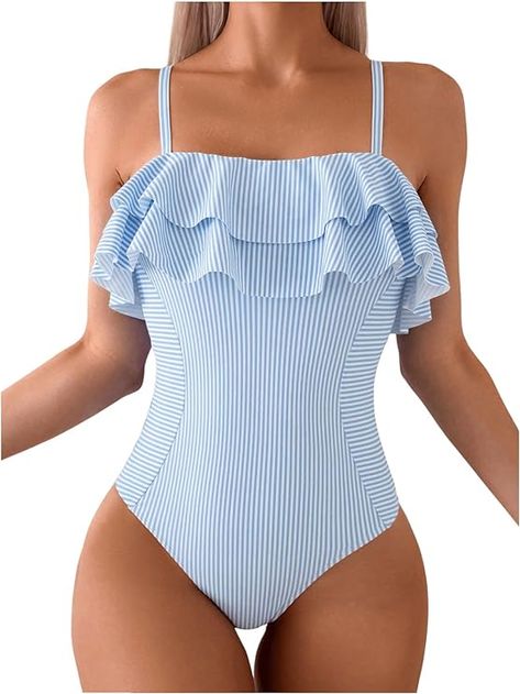 Amazon.com: Floerns Women's One Piece Swimsuit Ruffle Trim Striped Print Monokini Swimwear Blue and White Large : Clothing, Shoes & Jewelry Ruffle Swimsuit, Cute Swimsuits, Beach Photoshoot, Durban, One Piece For Women, Monokini, Stripe Print, Ruffle Trim, Blue Stripes