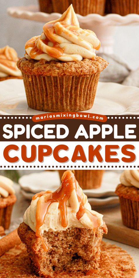 These Spiced Apple Cupcakes are the perfect marriage of apple pie and delicious cupcakes. Moist, tender cupcakes filled with mashed homemade apple pie filling are topped with a rich, creamy caramel buttercream frosting for the most decadent fall flavor you’ve ever tasted. Apple Spice Cupcakes, Caramel Buttercream Frosting, Cinnamon Cupcakes, Homemade Apple Pie Filling, Cupcakes Filled, Apple Cupcakes, Homemade Apple Pie, Fall Cupcakes, Fall Baking Recipes