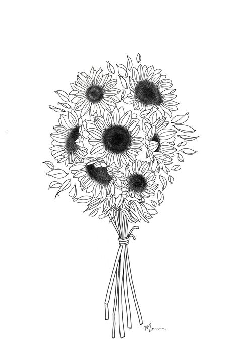 Bouquet sunflower Simple Sunflower Bouquet Tattoo, Sunflower Vase Tattoo, Sunflower Bouquet Drawing, Sunflower Bouquet Tattoo, Bouquet Sunflower, Flower Bouquet Drawing, Sunflower Vase, Embroidery Painting, Sunflower Drawing