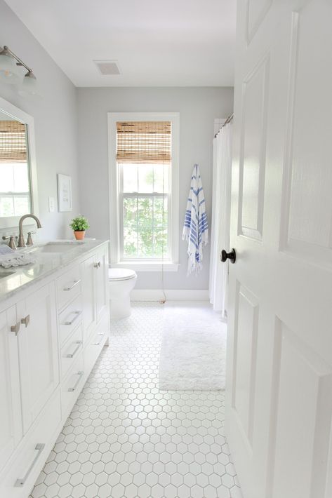 Have a bathroom remodel in your future? Here are some Considerations for a Bathroom Remodel that will stand the test of time. #bathroom #bathroomremodel #kidsbath #whitebathroom White Hexagon Tile Bathroom, Hexagon Tile Bathroom Floor, Girls Bathroom Design, Hexagon Tile Bathroom, Boy Bathroom, White Hexagon Tiles, Cleaning Tile Floors, Coastal Bathroom, Bathroom Paint