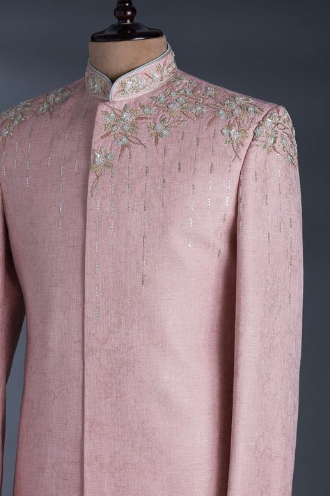 Buy Pastel Pink Sequins Embroidered Raw Silk IndoWestern Sherwani Online | Samyakk Traditional Indian Mens Clothing, Pink Sherwani, Indowestern Sherwani, Indian Groom Dress, Indian Wedding Clothes For Men, Mens Indian Wear, Sherwani For Men Wedding, Groom Dress Men, Wedding Outfits For Groom