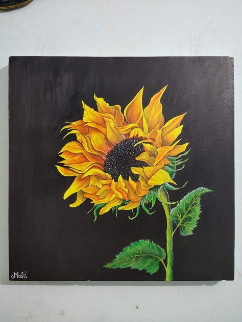 Sunflower Drawing, Abstract Art Painting Diy, Abstract Art Painting, Diy Painting, Drawing Ideas, Black Background, Black Backgrounds, Sunflower, Canvas Painting