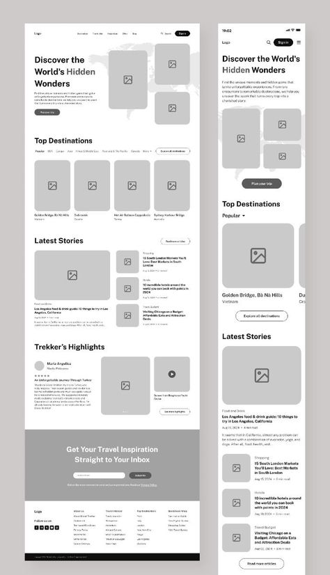 Wireframe Design for a travel guide website called Globe Trekker. Different Website Design, Landing Page Wireframe Layout, Web Gallery Layout, Wireframes App Design, Wireframe Ecommerce Website, Web Design Page Blocks Layout, Website Design Process, Quick Start Guide Design, Simple Web Design Layout