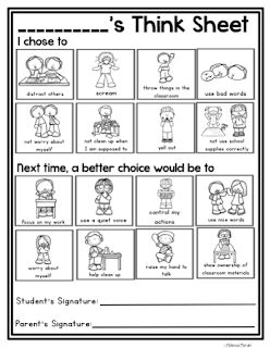 Visual think sheet for students to reflect on behavior in a pre-k kindergarten classroom. Great reflection for students, documentation and communication for parents. Behavior Visuals, Kindergarten Behavior, Preschool Behavior, Think Sheets, Think Sheet, Behavior Reflection, Kindergarten Classroom Management, Behavior Plans, Conscious Discipline