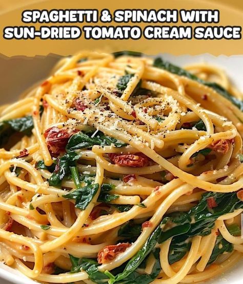 Pescatarian Mediterranean Lifestyle | Spaghetti & Spinach with Sun-Dried Tomato Cream Sauce (Recipes Ania) | Facebook Spaghetti Spinach, Spaghetti With Spinach, Tomato Cream Sauce, Whole Wheat Spaghetti, Cream Sauce Recipes, Mediterranean Lifestyle, Spinach Leaves, Italian Pasta, Pizza Pasta