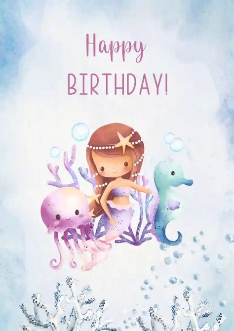 Happy Birthday Mermaid Wishes, Happy Birthday Mermaid, Birthday Cards For Kids, Mermaid Birthday Card, Free Birthday Cards, Birthday Mermaid, Online Invitation, Free Birthday Card, Invitation Maker