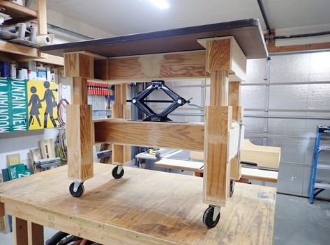 Make an Adjustable-Height Table With a Car Jack : 16 Steps (with Pictures) - Instructables Adjustable Height Work Table, Modular Workbench, Adjustable Height Workbench, Workbench Height, Bob Villa, Hobby Table, Table Saw Workbench, Building A Workbench, Workbench Designs