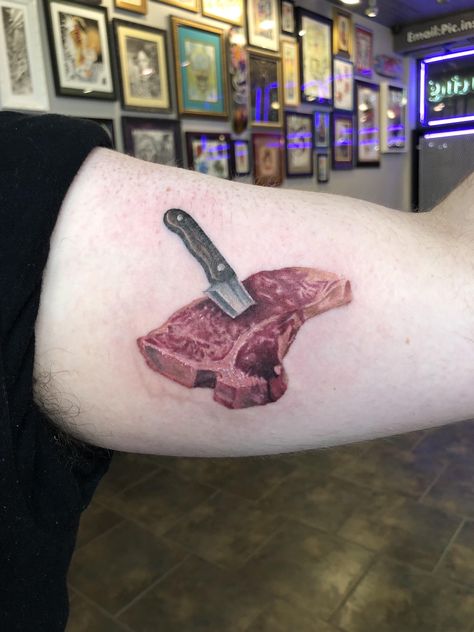 Butcher Knife Tattoo, Steak Tattoo, Hunting Tattoos, Knife Tattoo, Butcher Knife, Rock Metal, Tattoos Ideas, Matching Tattoos, Skin Art