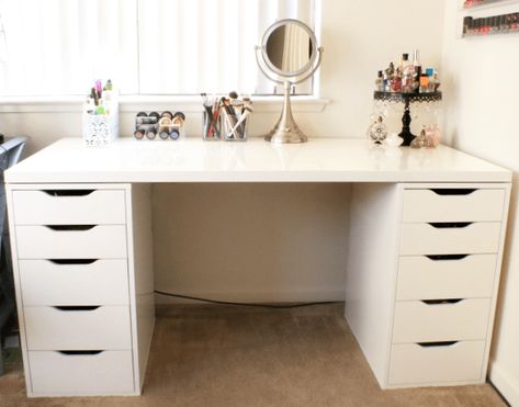 2 Alex drawer units Linnmon table top in high gloss/white, 59″ x 29 1/2″ Vanities Makeup, Ikea Pieces, Ikea Makeup Storage, Ikea Makeup Vanity, Linnmon Table Top, Ikea Makeup, Table Organization, Makeup Tables, Ikea Vanity