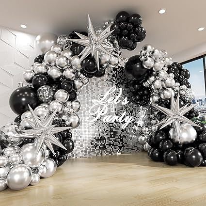 Amazon.com: FOTIOMRG Black and Silver Balloons Garland Arch Kit with 3pcs Starburst Balloon, Metallic Sliver and Black Balloons for Birthday Graduation Baby Shower Disco New Years Party Decorations : Toys & Games Silver Prom Decorations, Silver And Black Party Decorations, Black And Silver Party Theme, Black And Silver Decor, Black And Silver Balloons, 70s Theme Party Decorations, Starburst Balloon, New Years Party Decorations, Balloon Metallic