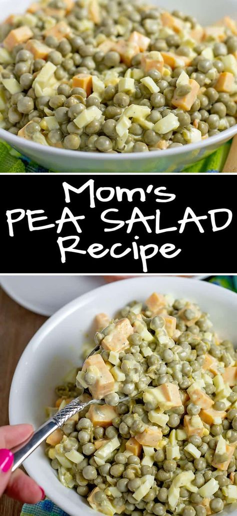 This classic pea salad recipe is just like mom used to make. It's perfect with ham and great at potlucks.  Made with just a few ingredients: peas ham, cheese, onion and Mayo; it's always a hit. Classic Pea Salad, English Pea Salad, Pea Salad Recipes, Creamy Peas, English Peas, Ham Salad, Crafty Mom, Pea Salad, Pea Recipes