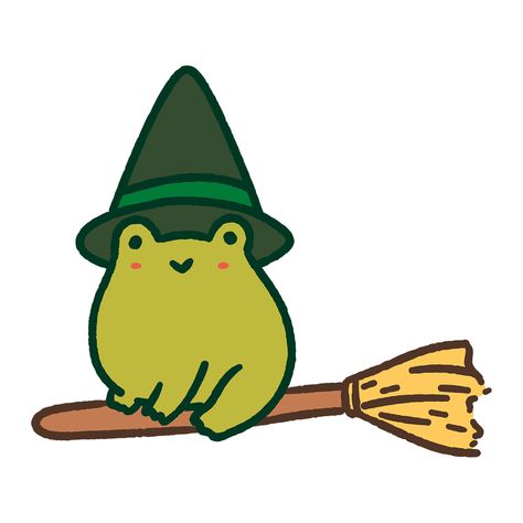 cute frog drawing, aesthetic cozy drawing, cute drawing, halloween costume, halloween drawing, inspiration for cute drawing, kawaii frog, spooky seasons, frog doodle, t shirt design, redbubble stickers, wizard frog Frog With Witch Hat, Flying On A Broom, Witch Frog, Spooky Doodles, Halloween Brooms, Cute Witch, A Broom, Halloween Lovers, Kawaii Design