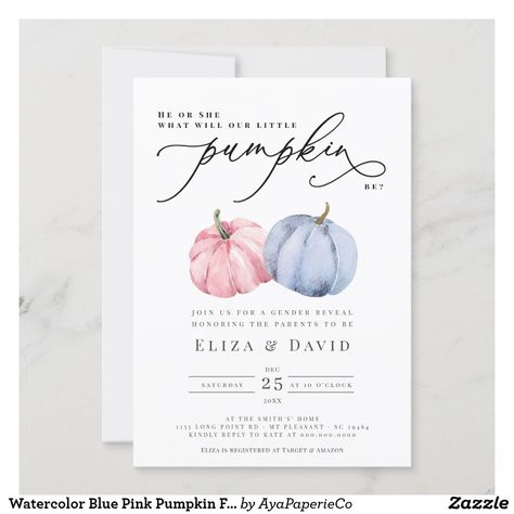 Pink And Blue Pumpkins Gender Reveal, Fall Gender Reveal Invitations, Pink And Blue Gender Reveal, Blue Gender Reveal, Pumpkin Gender Reveal, Halloween Gender Reveal, Autumn Invitations, Gender Party, Pink Pumpkin