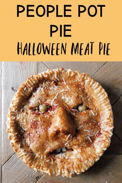 People Pot Pie - human face meat pie recipe tutorial #peoplepotpie #halloweenrecipes #halloweenmeals #halloweenparty #halloweentreats #creepyfood #halloweenfood #halloweenrecipes Halloween Face Pie, Creepy Face Pie, Face Pies Halloween, Halloween Meat Pies, Spooky Crockpot Recipes, Halloween Pot Pie, Halloween Chicken Pot Pie, Creepy Pie, Spooky Pie