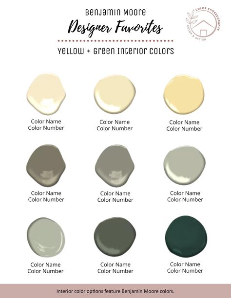 Interior Home Paint Color Designer Favorite Benjamin Moore Popular Paint Color Palette Color Consultant Best-Selling Yellow Green Paint Craftsman Interior Paint Colors, Interior Home Paint, Soft Green Paint Color, Dark Green Couches, Soft Green Paint, Boho Paint Colors, Benjamin Moore Green, Olive Green Paints, Color Consultant