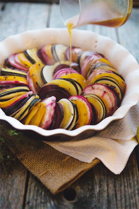 Beet and Root Vegetable Tian with Apple Cider Reduction recipe from @foodformyfamily Vegetable Tian Recipes, Steamed Beets, Root Vegetable Tian, How To Cook Fresh Beets From The Garden, Root Vegetable Tarte Tatin, Cranberry Orange Cheesecake, Cooking Beets In Oven, Vegetable Tian, Yogurt Breakfast Bowl