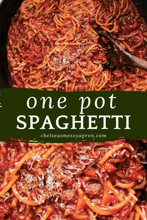 One Pot Spaghetti mixes up saucy pasta and a rich meat sauce all in ONE pot. Few ingredients, but loads of flavor! #dinner #quick #easy #simple #pasta #onepot #spaghetti One Pot Spaghetti Bolognese, One Pot Spaghetti With Jar Sauce, Dutch Oven Spaghetti, Simple Spaghetti Recipe, One Pot Spaghetti Recipe, Easy Spaghetti Recipes, Saucy Pasta, Best Spaghetti Recipe, Recipe For Spaghetti