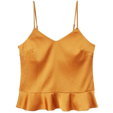 MANGO Frilled satin top ($20) ❤ liked on Polyvore featuring tops, shirts, crop top, tank tops, tanks, mustard, v-neck tank tops, cropped shirts, mustard yellow shirt and v neck tank top Crop Top Tank Tops, Frilly Tops, Mustard Shirt, Mustard Yellow Top, Spaghetti Strap Shirt, Frilly Top, Frill Top, Ruffle Trim Top, Satin Tank Top