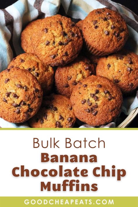 Bake someone happy with a bulk batch of these Banana Chocolate Chip Muffins. Easy and delicious, they are perfect for breakfast and for tucking into lunch boxes. #bulkcooking #budgetmeals #freezermeals #savingmoney #breakfast #muffins #goodcheapeats Bulk Muffin Recipe, Big Batch Banana Muffins, Large Batch Banana Muffins, Big Batch Muffin Recipes, Banana Chocolate Chip Muffins Easy, Afterschool Snacks, Banana Bread Muffins Easy, Chocolate Chip Muffins Easy, Chocolate Chip Muffins Recipe