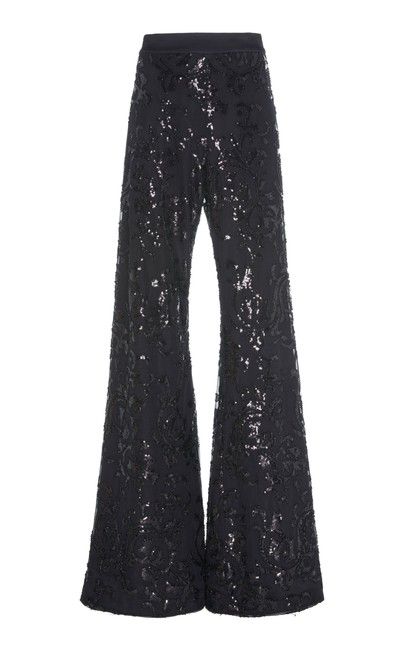 Alexis' 'Silvestro' pants are designed in a flared silhouette designed to elongate the frame. Made from crepe, this pair has a tulle overlay that's sequin-embellished in a floral motif. Pair with the matching 'Firdas' Jacket.  Alexis Size Large (US size 8-10) Debut Gown, Gown Ideas, Collection Ideas, Oc Stuff, Fashion Capsule, Flared Pants, Pants Design, Designer Wear, 12 Days