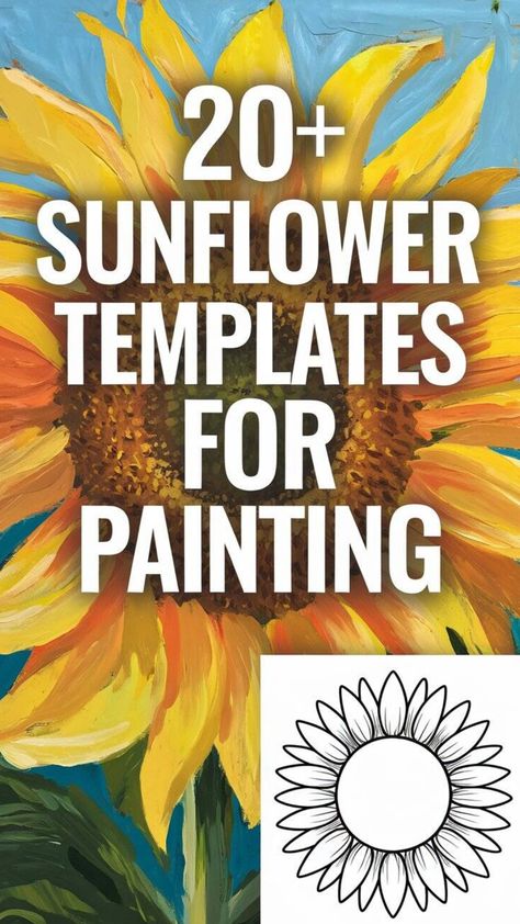 "20+ sunflower templates for painting with a vibrant sunflower background." Paint Sunflowers Easy, Van Gogh Sunflowers Art Project, How To Draw A Sunflower, Bee Patterns Printable, Watercolor Templates Printables, Painting Ideas Sunflowers, Painting A Sunflower, Sunflower Painting Ideas, Easy Sunflower Painting