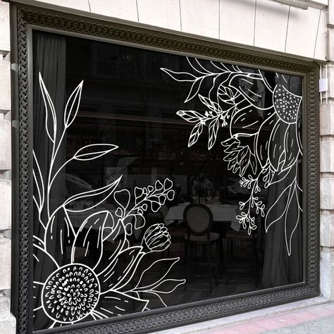 🌻 Stunning Floral Vinyl Decal 🌻 Transform your storefront with our elegant sunflower vinyl decal! Perfect for adding a touch of nature and beauty to your business, this durable and easy-to-apply decal features a stunning sunflower design. Ideal for flower shop, cafe, boutiques, and any shop looking to create a welcoming and stylish atmosphere. 🌿 🌏 Shipping worldwide 🔗 Shop now at our Etsy store (link in bio) -- #FloralDecal #VinylDecal #ShopDecoration #BusinessSignage #StorefrontDecor #Sm... Harvest Window Display, Boutique Window Painting, Coffee Shop Window Art, Shop Window Design Ideas, Autumn Window Display Retail, Window Vinyl Design, Shop Window Decals, Retail Window Display Ideas, Storefront Window Display