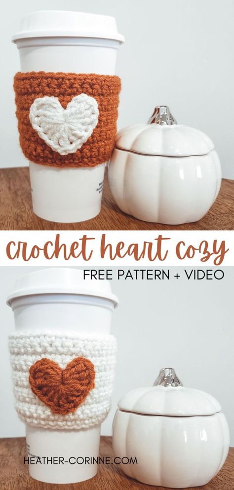 Pinterest graphic for the crochet tiny heart cozy free pattern plus video tutorial at heather-corinne.com Crochet Koozie, Cup Cozy Crochet Pattern, Coffee Cozy Pattern, Mug Cozy Pattern, Crochet Kingdom, Crochet Tiny, Cup Cozy Pattern, Crochet Mug Cozy, Crochet Coffee Cozy